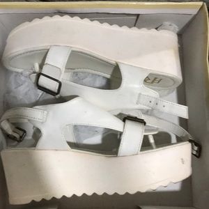 White wedge heel strap shoes